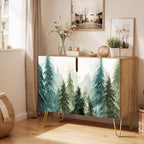 SIGNWIN Sideboard Buffet Cabinet, Kitchen Storage Cabinet with 2 Doors, Pastel Watercolor Pine Trees, Cupboard Console Table for Dining Room - 35" L x 18" W x 29" H