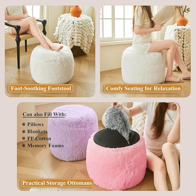 XeGe Fluffy Faux Fur Inflatable Pouf Ottoman, Soft Portable Shaggy Fuzzy Foot Stool Ivory, Plush Furry Foot Rest Floor Pouf Anti-Slip, Round Ottoman Cushion Living Room Bedroom Patio Dorm, Beige