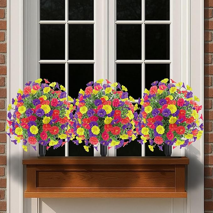 22.8" Set of 2 Fall artificial Boxwood topiary Ball tree for outdoors with Spike,UV Resistant Faux Shrubs Outdoor with morning glory flowers,Faux Plants Bushes for Garden Porch Yard Patio Decor Mix