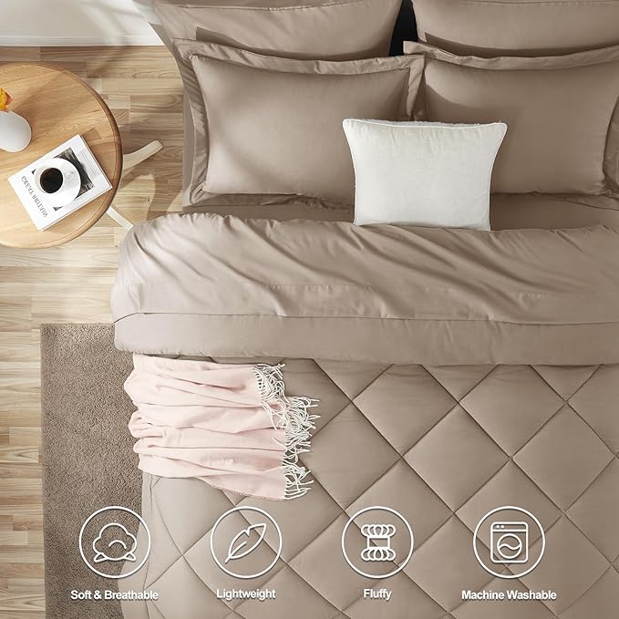 CozyLux Queen Comforter Set Khaki - Bed in a Bag Queen Size 7 Pieces, Luxury Soft Bed Set for All Seasons, Bedding Set with Down Alternative Comforter, Sheets, Pillowcases & Shams