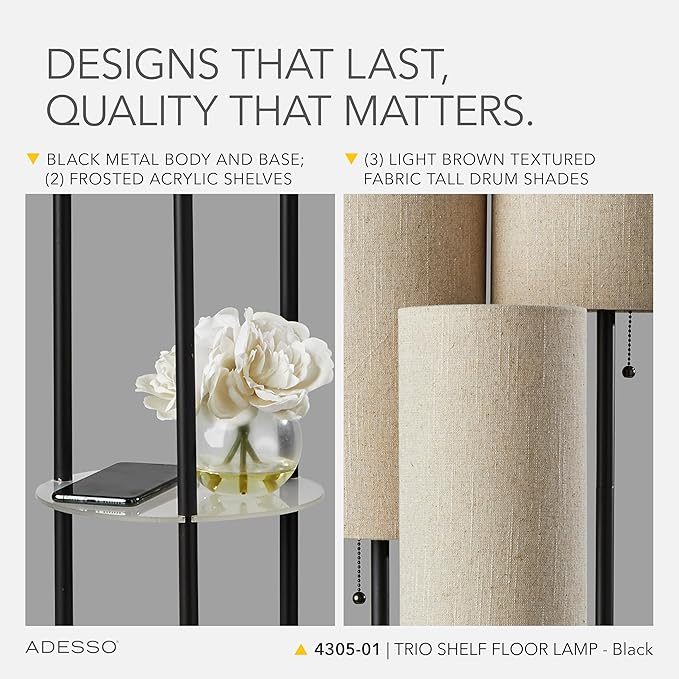 Adesso Trio Floor Lamp with Three Pull Chain Lights and Two-Tier Storage, Black Base, Brown Textured Fabric Shades, 68” Tall, Enhances Room Decor and Lighting