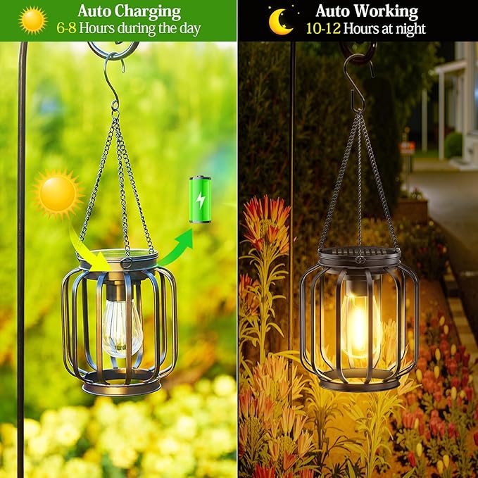 Solar Hanging Lanterns Outdoor: 2 Pack Metal Solar Hanging Lights with Hook, Bright - Warm Waterproof LED Lanterns for Outside, Classic Decorative Solar-Powered Light for Yard Garden Patio Porch Decor