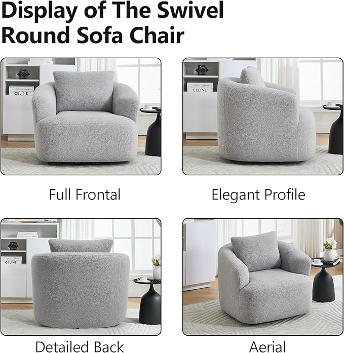 Swivel Accent Chair,360° Rotating Barrel Chair,Teddy Fleece High-Resilience Sponge Single Sofa, Easy Assembly for Living Room, Bedroom, Apartment Light Grey