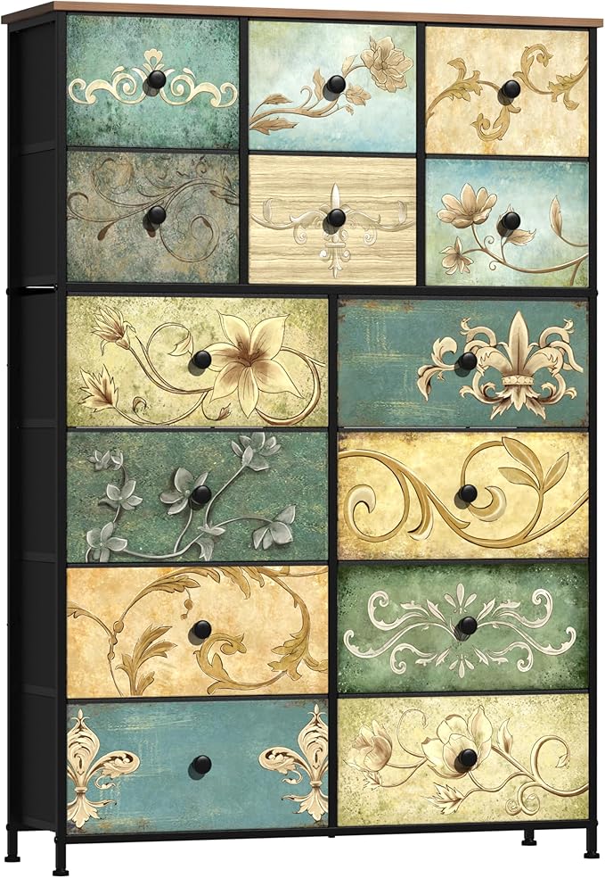 Tohomeor Dresser with Drawers for Bedroom Chest of Drawers Fabric Dresser for Closet,Nursery Entryway Hall Tree TV Stand for Living Room Retro Floral Pattern Drawers Wooden Top (14 Drawers)