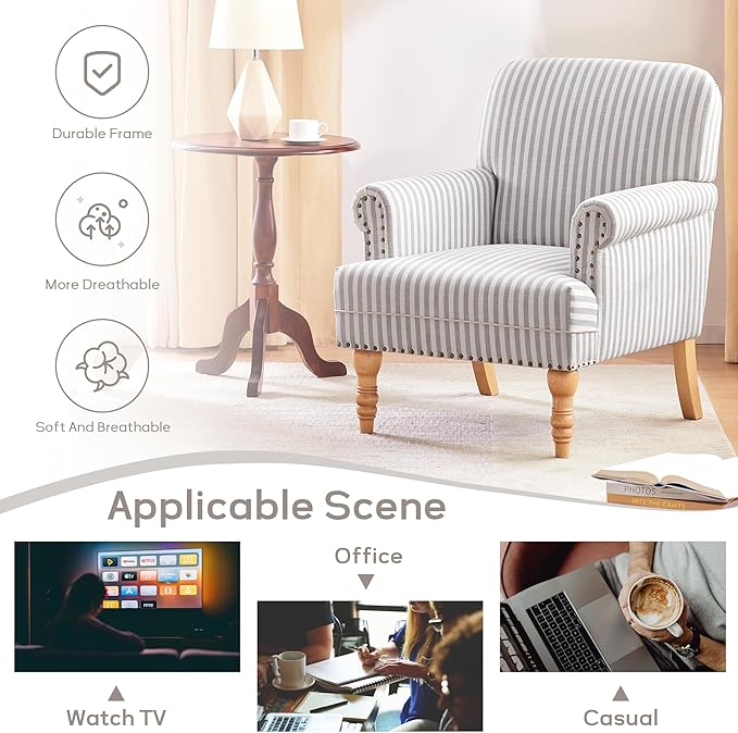 HUIMO Linen Fabric Accent Chairs Set of 2, Mid-Century Modern Armchair with Solid Wood Legs, Single Sofa Chair,Upholstered Reading Club Chair (2, Light Grey and White Stripe)