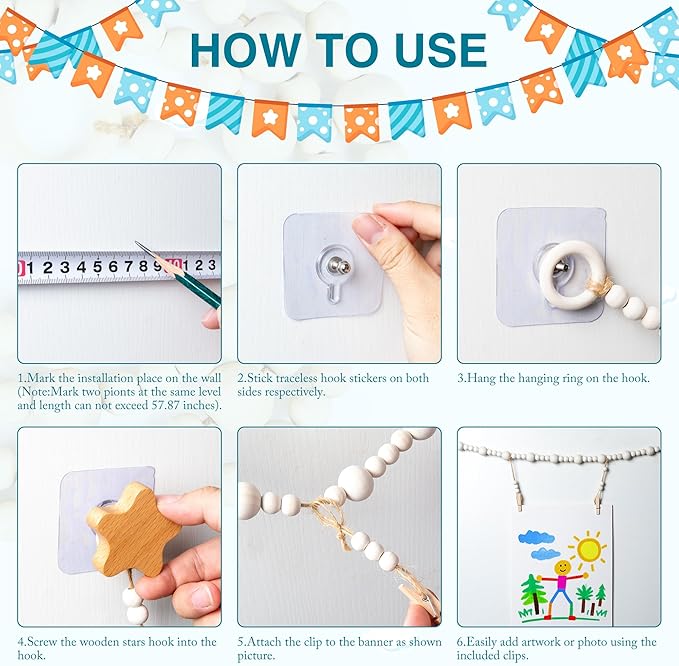 KOLLIEE Kids Artwork Display Art Wall Decor 4.93ft Boho Wooden Beaded Garland Collage Holder with Hanging Rings Wooden Stars Hook 40 Wood Clips for Kids Artwork Photo Room Bedroom Decor