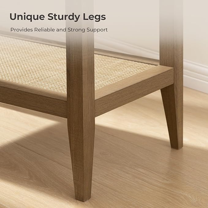 SICOTAS Rattan Nightstands Set of 2 Bedside Table - Boho Narrow End Table Living Room Set of 2 Side Table with Rattan Storage Shelves for Small Space