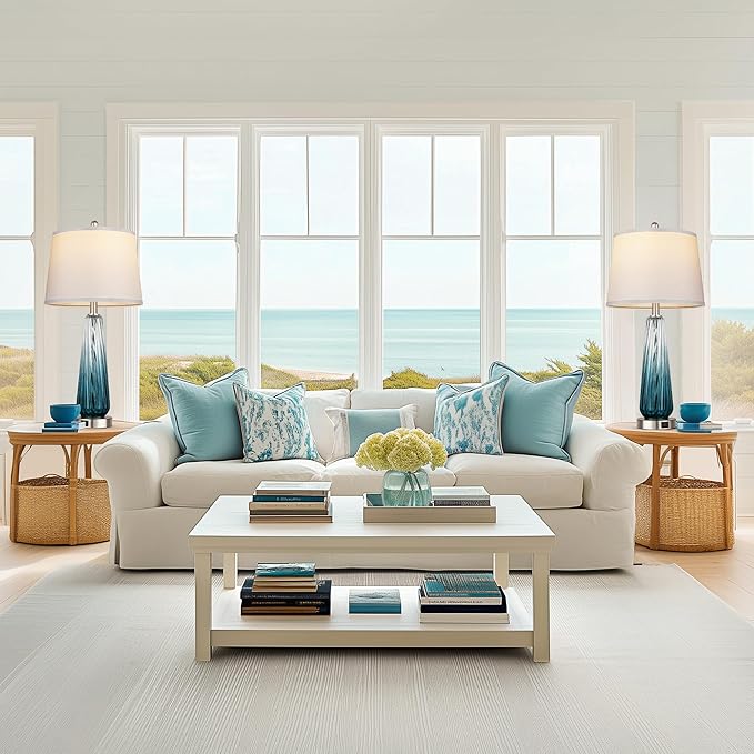 Glass Table Lamps for Living Room, Modern Bedside Lamps with USB A+C Ports, 3-Way Dimmable Touch Control Nightstand Lamp with White Linen Shade, 27.5" Large Lamps for Bedrooms Decor, Teal, 1 Pack