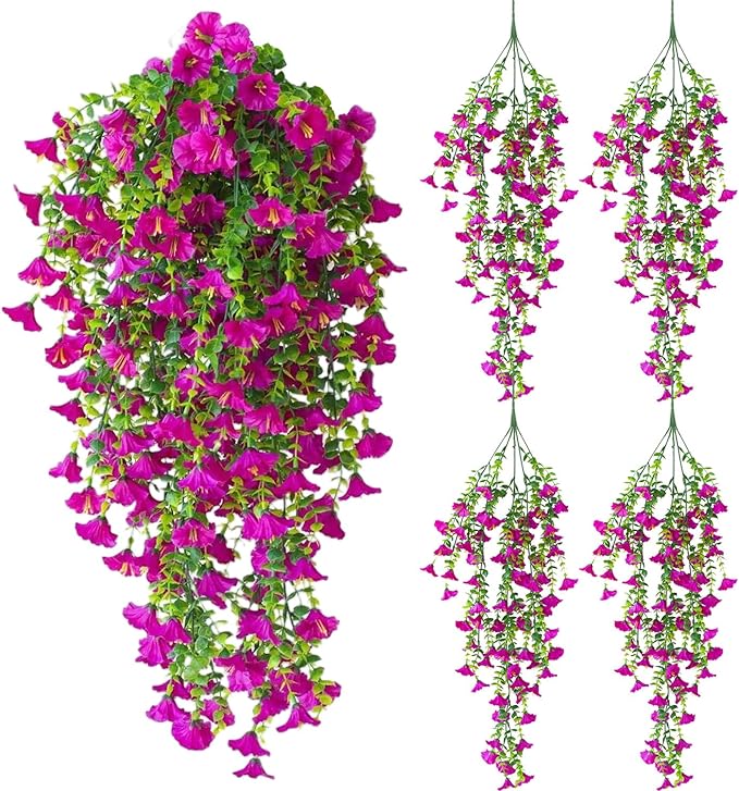 Artificial Hanging Flowers – 4 Pack UV Resistant Fake Morning Glory Vine Faux Plants for Porch, Patio, Balcony, Garden, Indoor & Outdoor Decor (Hot Pink)