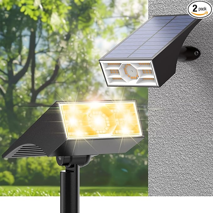 Solar Spot Lights Outdoor, 2 Pack Outdoor Solar Lights for Yard Waterproof, 4 Lighting Modes Solar Landscape Spotlights, Auto On/Off Solar Powered Flood Lights Garden Pathway (Warm White)