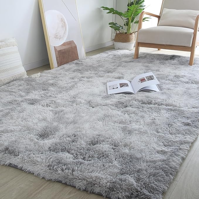 Living Room Area Rug 8x10 - Grey Plush Shag Rugs for Living Room Bedroom - Large Modern Soft Indoor Non-Slip Shaggy Floor Carpet,Tie-Dyed Light Gray
