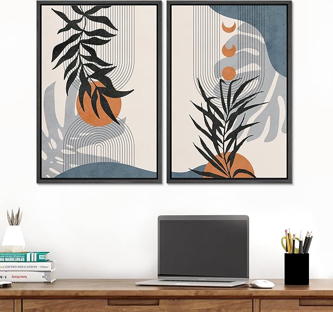SIGNFORD Framed Canvas Print Wall Art Forest Plant Silhouettes & Mid-Century Symbols Abstract Shapes Illustrations Modern Boho Nature Chic for Living Room, Bedroom, Office - 24"x36"x2 Black