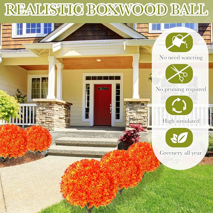 Yunlly Set of 2 Artificial Boxwood Topiary Ball Tree 27 Outdoor Boxwood Balls with Flower Faux Bush UV Resistance Fake Shrub Plant with Spike for Garden Porch Patio Decor (Fall Dark Orange,27x18inch)