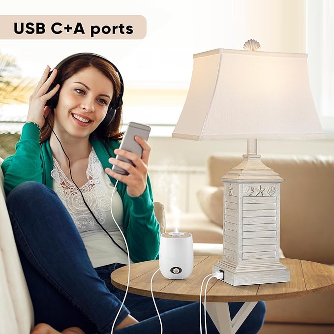 Hamucd Coastal Table Lamps Set of 2, Beach Living Lamps for Bedroom with USB A+C, Washed White Modern Resin LED 3-Color Temperature Bedside Nautical Decor, Nightstand Tropical Lamps for End Table.