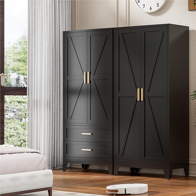71'' Farmhouse Metal Wardrobe Cabinet with Hanging Rod, 2 Barn Door Wardrobe Closet with Adjustable Shelves,2 Drawer,for Dining Room,Bedroom,Living Room, Cloak Room,Office (Black)