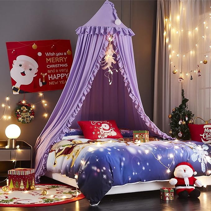 VETHIN Bed Canopy for Girls,Princess Round Dome Dreamy Mosquito Net Bedding Girls Room Castle Play Tent Hanging House Decor Reading Nook Canopies (Purple)