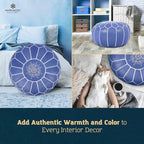 Genuine Leather Round Pouf Cover - Handmade Moroccan Ottoman Footstool, Unstuffed Footrest Under Desk - Boho Decor - Bohemian Living Room, Bedroom, Kids Room - Housewarming Gift & Wedding