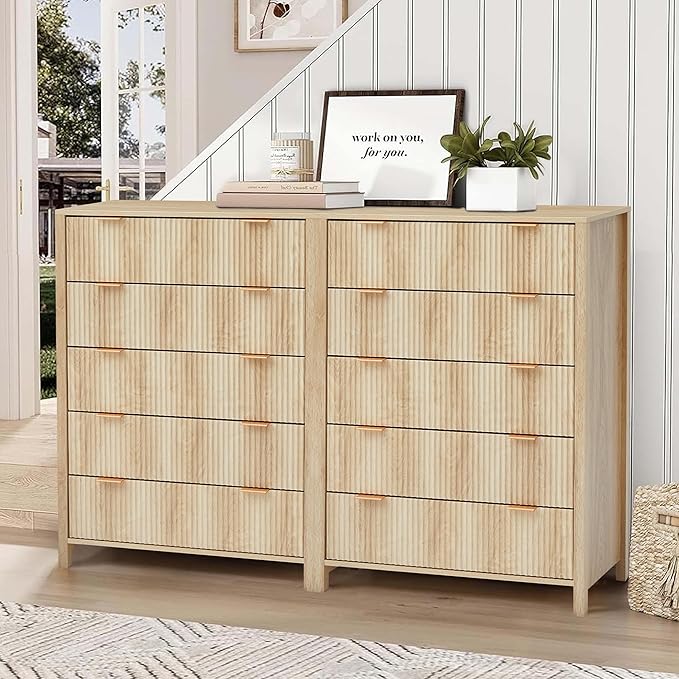5 Drawer Double Dresser for Bedroom, Modern Wide Chest of Drawers with Fluted Panel Design,Wood Storage Dressers Chest of Drawers for Bedroom Living Room Hallway Closet,Natural,2 Sets