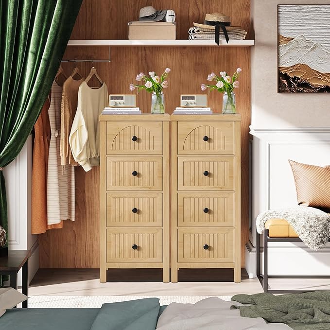 4 Drawer Dresser for Bedroom Set of 2, 36.81''Tall Modern Chest of Drawers with Fluted Panel, Wood Storage Dresser Organizer with Deep Drawers for Nursery Living Room Hallway (2, Wood Color)