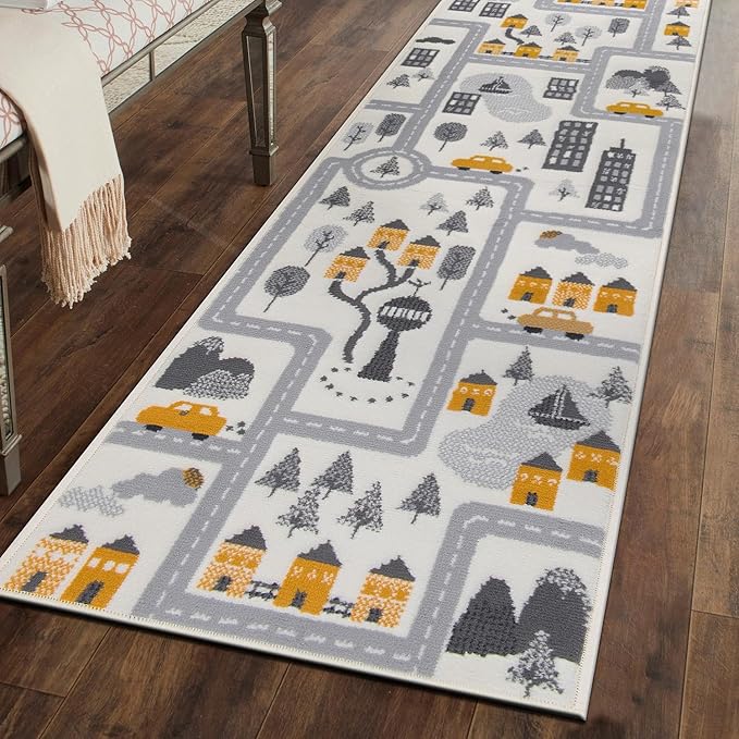 Rugshop Kids Play Road Rug for Playroom,Kidsoom,Nursery Room Interactive Cityscape for Cars and Toys Indoor Soft Runner Rug 2'x7' Cream