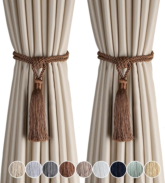Fenghuangwu Curtain Tiebacks Tassel Tie-Backs, Rope Curtain tie Backs Handmade Curtain Holdbacks Made from Polyester (Coffee, 2p)