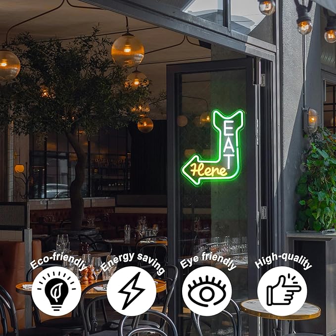 Eat Here Neon Sign Kitchen Neon Signs for Wall Decor with Arrow Guidance Green Orange White Eat Dimmable LED Sign Diner Neon Signs for Wall Bar Restaurant Kitchen Man Cave Decor