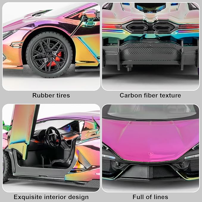 1/24 Scale Colorful Lambo Revuelto Diecast Car Model, Collectible Diecast Toy Car with Lights and Sounds, Pull Back Vehicles Toy for Adults Kids Birthday Gifts Decoration