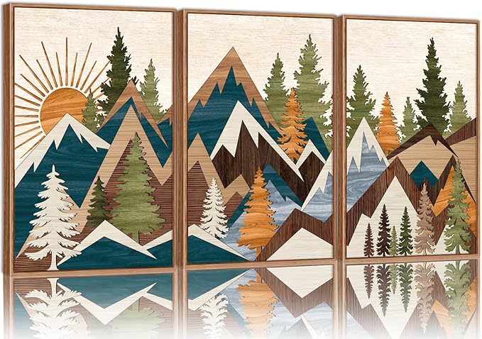 Tinonedraw Large Metal Mountain Framed Canvas Wall Art, Boho Rustic Sunrise Forest Wall Decor, 3 Piece Modern Nature Artwork, Vintage Wilderness Art Print for Living Room Bedroom Office 24"x36"x3