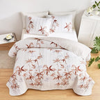 Botanical Quilt Set 2 Pieces Twin Size, Burnt Orange Leaves Printed on White Reversible Bedspread Coverlet Set, Soft Microfiber Lightweight Bed Cover for Kids (68" x 86", 1 Quilt+ 1 Pillow Sham)