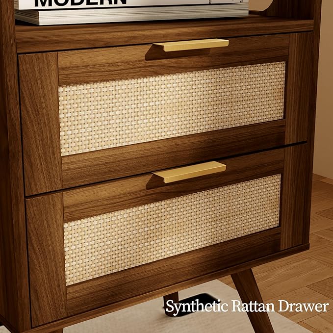 Rattan Nightstand,Farmhouse Bedside Table with 2 Storage Drawer and Open Wood Shelf, for Bedroom and Small Spaces,Night Stand with Solid Wood Legs (Walnut Brown)