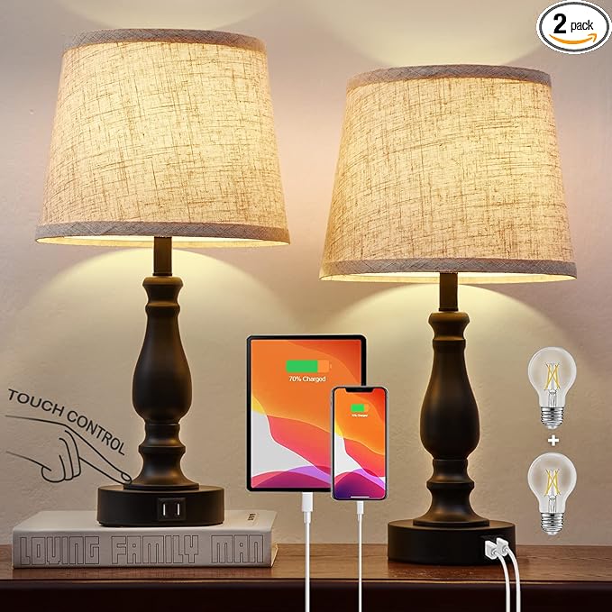 Table Lamps Set of 2, Bedside Nightstand Lamps with USB Charging Ports, 3 Way Dimmable Touch with Linen Fabric Lampshade, Modern Small Lamp for Bedrooms, Living Room (Bulbs Included)