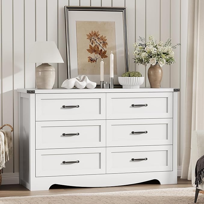 Dresser for Bedroom with 6 Drawers, 48" Wide Modern Chest of Drawers with Deep Drawers & Mental Handle, Wood Dresser TV Stand, Wooden Closet Storage Organizer for Living Room, Hallway, Entryway, White