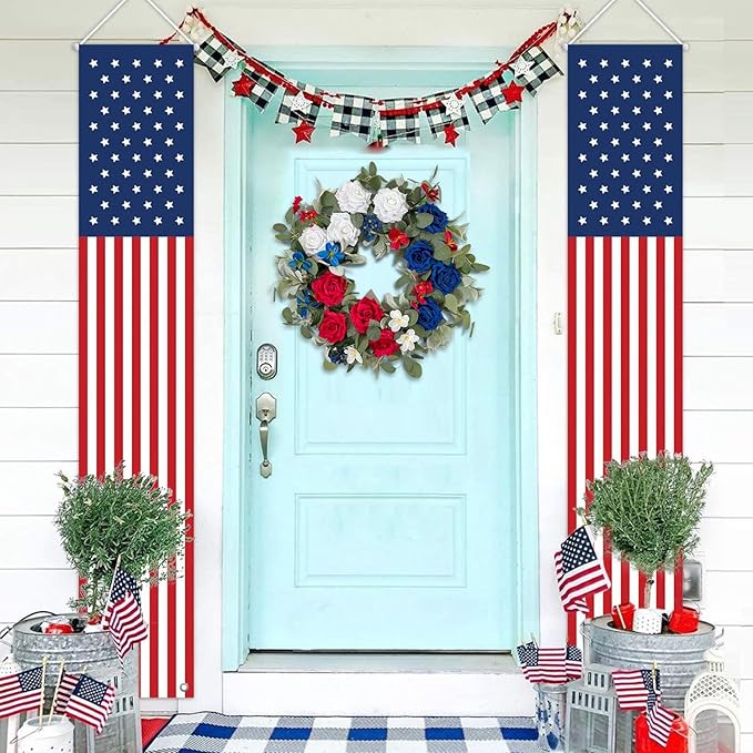 WANNA-CUL Patriotic Wreath Decorations, 24 Inch Rose 4th of July Wreaths for Front Door, Red White Blue Spring Door Wreath for Independence Day, Memorial Day for Indoor Outdoor Decor