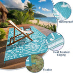 Outdoor Rug 8x10 Waterproof Reversible Plastic Straw Mat, UV-Resistant Vintage Medallion Camping Carpet for Patio, Deck, Balcony, Picnic, Large Outside Floor Mat, Light Blue/White