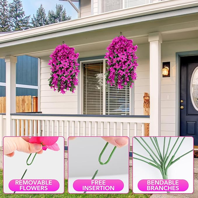 Artificial Bougainvillea Flowers for Outdoor Plant,4 pcs Faux Hanging Flowers Bougainvillea for Outside Decoration,Fake Silk UV Resistant Vines for Front Door Porch(Fuchsia)