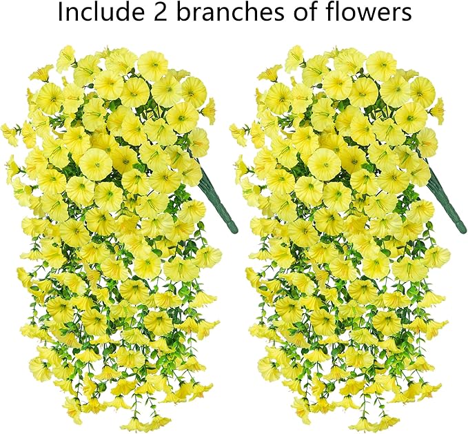 2 PCS Artificial Fall Faux Hanging Flowers Plants for Outdoor Decor,Fake Silk Morning Glory with Eucalyptus UV Resistant Realistic Mums Trailing Vines for Wall Home Porch Patio Balcony Yard,Yellow