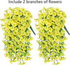 2 PCS Artificial Fall Faux Hanging Flowers Plants for Outdoor Decor,Fake Silk Morning Glory with Eucalyptus UV Resistant Realistic Mums Trailing Vines for Wall Home Porch Patio Balcony Yard,Yellow