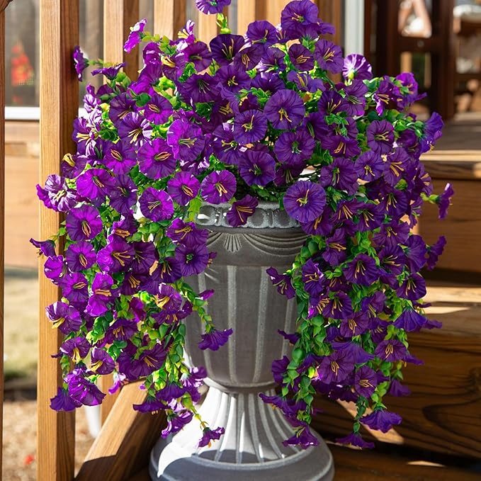Ivydale 2 PCS Artificial Hanging Flowers Fake Plants Outdoor,Silk Morning Glory Faux Flowers with Eucalyptus Leaves,UV Resistant Realistic Hanging Petunias Plants for Home Garden Decor (Purple)