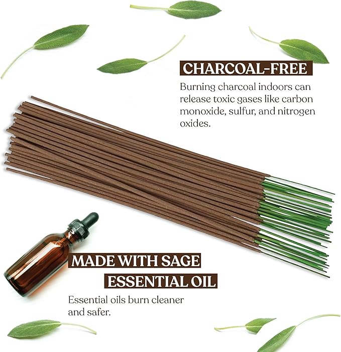 Premium Sage Incense Sticks with Energy Cleansing Engraved Wood Holder - Charcoal Free, Clean, Non Toxic - Negative Energy Protection, Purification - New Home Spiritual Smudging Incenses, 30 Sticks