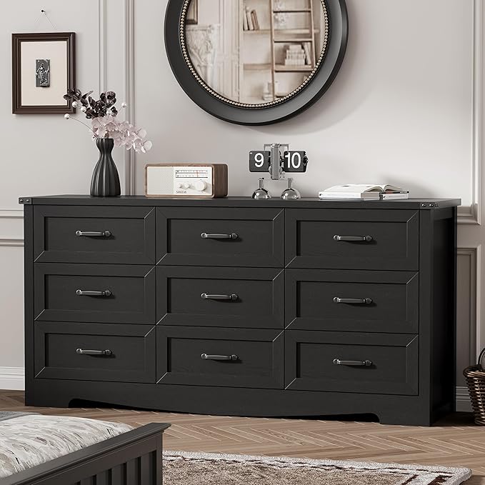 Dresser for Bedroom with 9 Drawers, 59" Wide Modern Chest of Drawers with Deep Drawers & Mental Handle, Wood Dresser TV Stand, Wooden Closet Storage Organizer for Living Room, Hallway, Entryway, Black