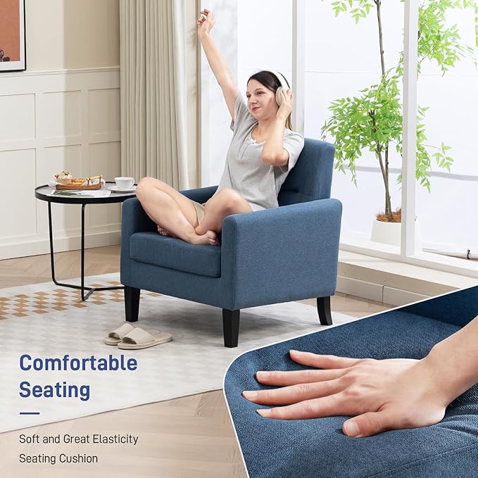 Accent Chairs Set of 2, Mid Century Modern Living Room Chairs Comfy Reading Chair with Upholstered Cushion Relax Armchair for Bedroom Apartment,Office,Blue