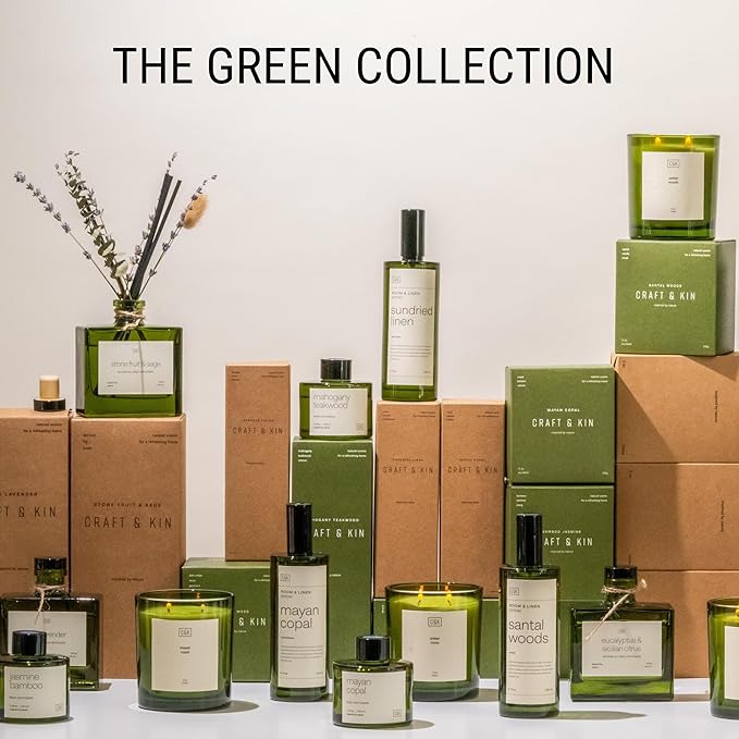 Craft & Kin Amber Moss Reed Diffuser | All Natural Essential Oil & Rattan Scent Sticks | Fall Reed Diffusers for Home, Bathroom | Long Lasting Home Fragrance in Green Glass, 3.4oz