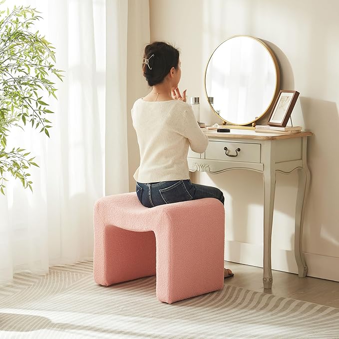 Vanity Stool Foot Rest Small Footstool Ottoman Chair Seating Backless Modern Teddy Velvet Ottoman for Makeup Room Living Room Bedroom Entryway,(Single 1) Pink