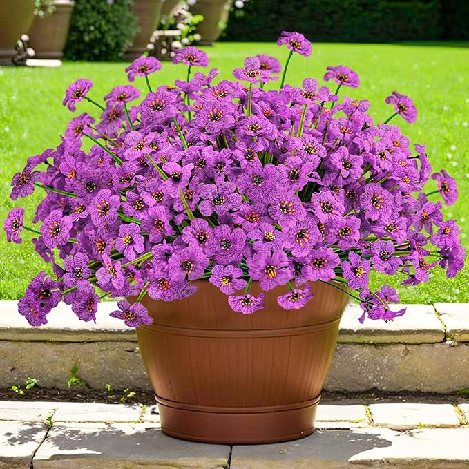 Krissing 48 Bundles Outdoor Artificial Flowers UV Resistant Fake Silk Flowers Faux Plastic Plants Outside Garden Porch Window Box Summer Decoration (Purple)