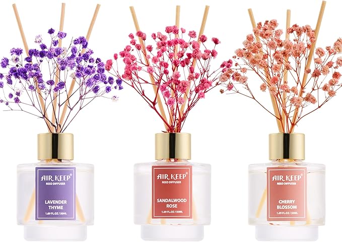 Airkeep Reed Diffuser Set of 3, Lavender Thyme Sandalwood Rose Cherry Blossom Oil Reed Diffusers for Bedroom Living Room Office Aromatherapy Oil Reed Diffuser for Gift 50ml x 3
