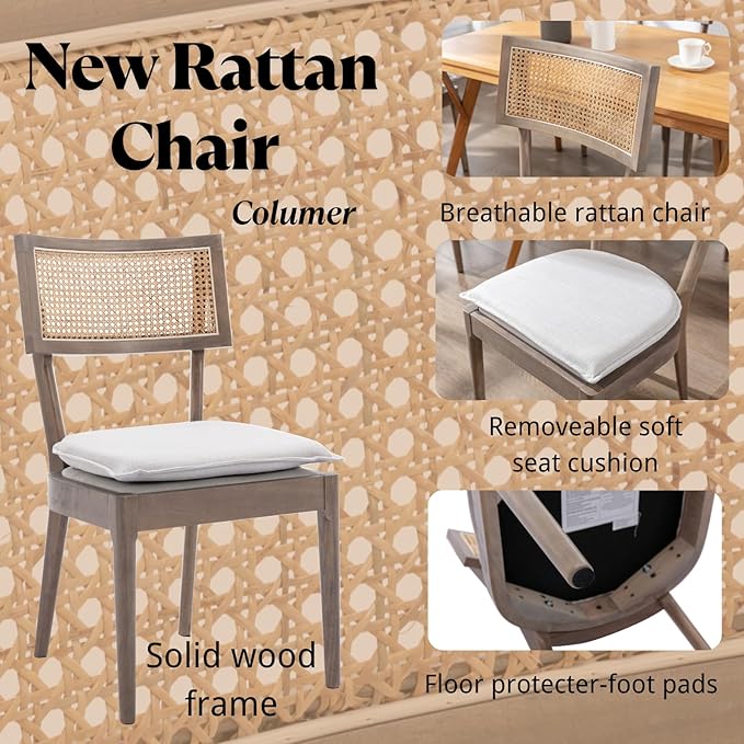 Rattan Dining Chairs Set Of 6 , Mid Century Modern Upholstered Cane Back Chairs with Removable Linen Cushion , Retro Farmhouse Natural Wooden Kitchen & Dining Room Chairs for Restaurant Living Room