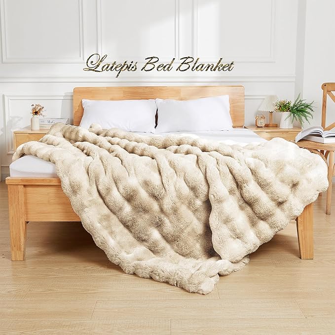 Latepis Soft Luxury Faux Fur Bubble Blanket, Thick Warm Cozy Twin Blankets for Couch, Plush Fluffy Blankets for Sofa and Bedroom, Fuzzy Blanket for Women Gift, 60” x 80”, Tie-dye Camel, 860GSM