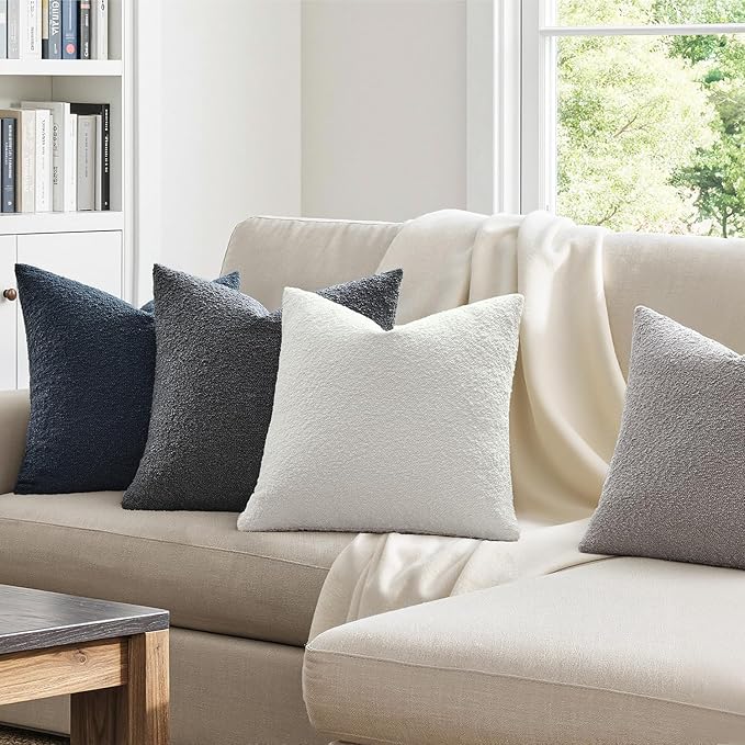 MIULEE Pack of 4 Decorative Textured Boucle Throw Pillow Covers 18x18 Inch Blue Gray Accent Solid Pillow Cases Soft Couch Cushion Covers for Modern Farmhouse Boho Chair Sofa Bed Livingroom Home Decor