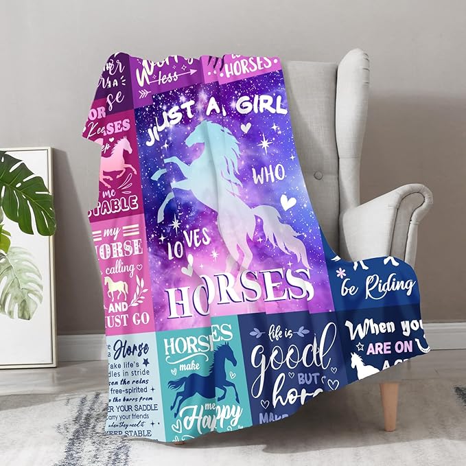 Horse Blanket Gift for Women Girls Kids Teens Horse Lover Gifts Just A Girl Who Loves Horses Themed Western Soft Cozy Bed Couch Plush Birthday Christmas Throw Blanket 50"x60"