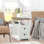 HIFYOBRO Narrow End Table with Flip Top Charging Station and 2 Drawers, Type-C & USB Port & Power outlets, Wooden Storage Cabinet, Side Table with Storage for Living Room and Bedroom (White)